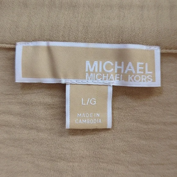Michael Michael Kors Chain Accent Collared V-Neck Long Sleeve Blouse LARGE Tan - Picture 2 of 16